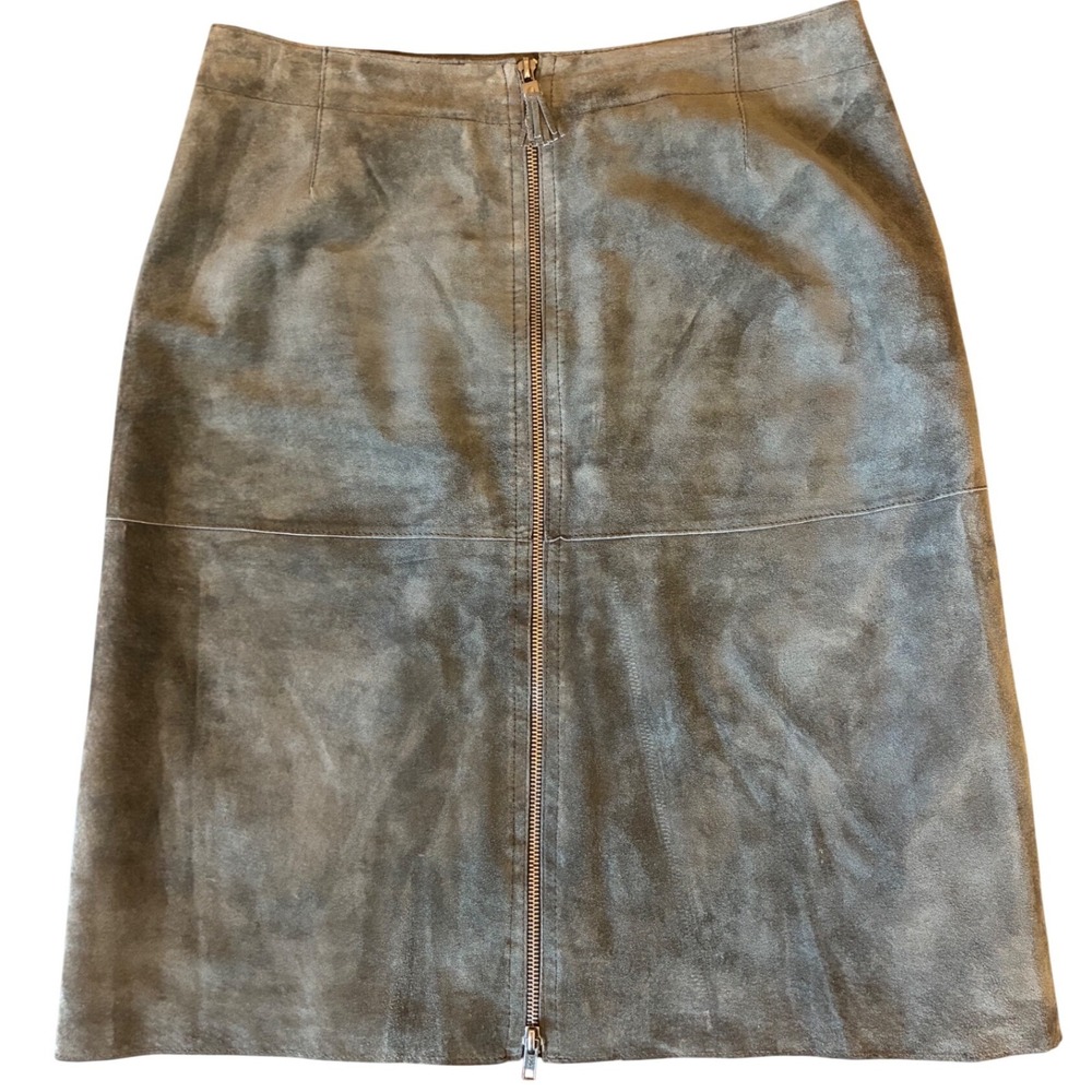 Genuine Leather Olive Green Zip Front A-Line Skirt Women's Size 8 Isaac Mizrahi - Picture 2 of 7